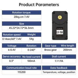 LX-16A Serial Bus Servo Dual Bearing Full Metal Gear Steering Servo with Debug System for RC Robot DIY, High Torque Servo 17KG.CM 6V - 19.5KG.CM 7.4V, Control Angle 240°