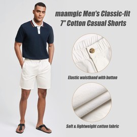 maamgic Men's Classic-fit 7" Cotton Casual Golf Shorts Elastic Waistband with Multi-Pocket Daily Wear Walking Summer Outfit White 34