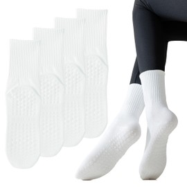 Yoga Pilates Non Slip Socks with Grips for Women (4 Pairs) Non Skid Gripper Crew Socks for Yoga Hospital Pilates Barre Home (Cotton, 10)