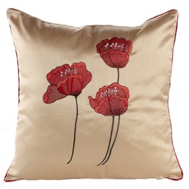 Poppies Cream & Red Piped Faux Silk 18" Cushion Cover
