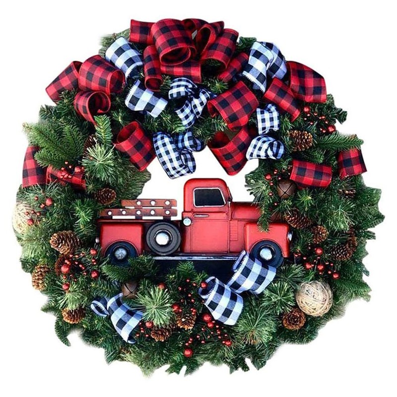 Farmhouse Red Truck Christmas Wreath Front Door Wall Hanging Decoration