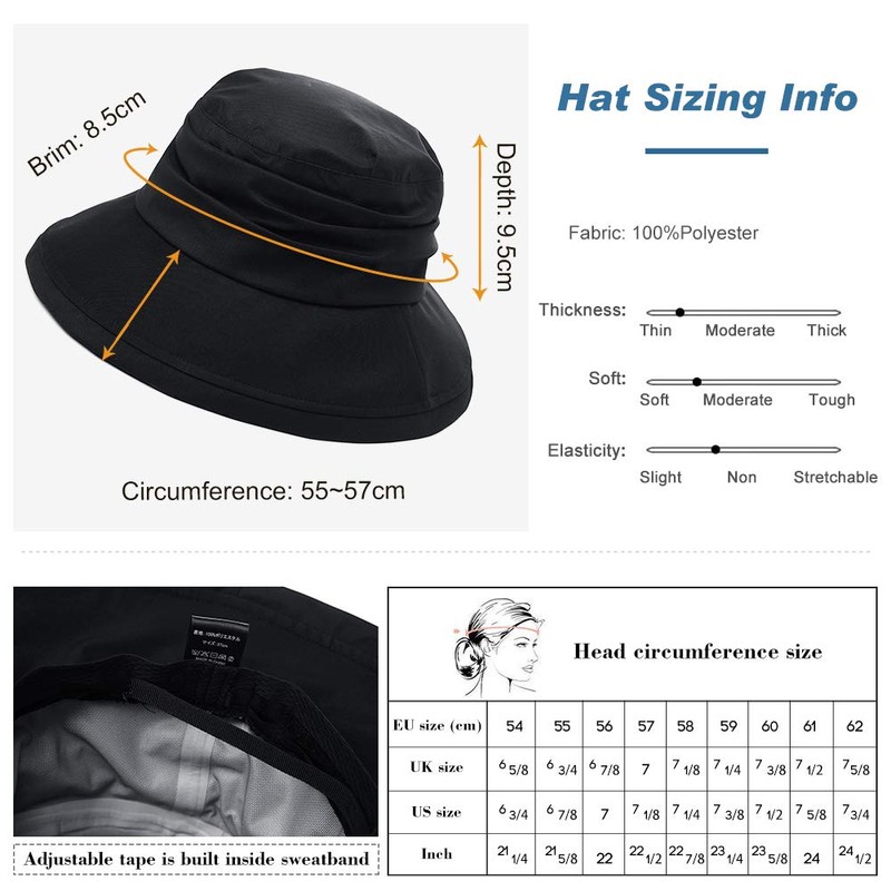Comhats Ladies' Foldable Rain Hat, Sun Hat, Waterproof, Wide Brim,