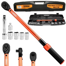 Verda Torque Wrench 8-Piece Set 1/2 Inch 40-220 Nm + 4 Sockets 17, 19, 21, 24 mm + Extension 125 mm + Adapter 3/8 Inch + Case, for Car and Motorcycle, Error Accuracy ± 3%, 72 Teeth Ratchet SN1738