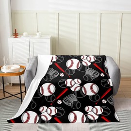 Erosebridal Baseball Blanket Throw 50x60 Inch Softball Throw Blanket Sports Bat for Kids Boys Teens Men Ball Game Fleece Blanket Red and Black Blanket All Season Sherpa Blanket, Lightweight