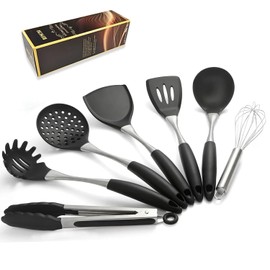 RFSCDI - Juego de Utensilios de Cocina de Silicona Negro Premium - Utensilios de Cocina No Tóxicos, Resistentes al Calor y Sin BPA con Espátula