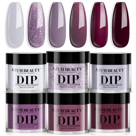 AZUREBEAUTY Dip Powder Nail Set, 6 Colors Fall Winter Purple Rose Red Glitter Natural Dipping Powder Starter Kit, French Nail Art Manicure DIY Salon, No Need Nail Lamp Cured