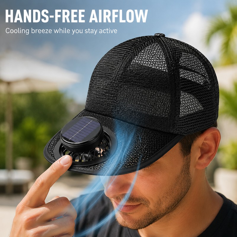 Solar & USB Rechargeable Fan Baseball Cap, 3-Speed Mesh Cooling