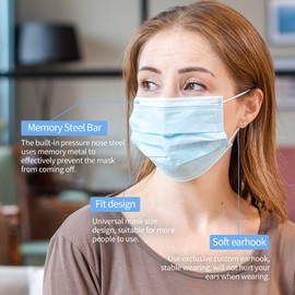 Disposable Face Masks, 3 Layer Protection Lightweight Safety Mask with Adjustable Memory Nose Clip Comfortable Earloops for Adult, Men, Women (50 Pcs)