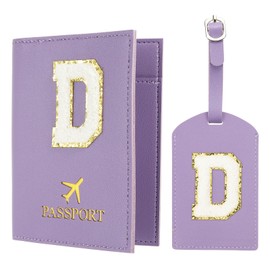 PATIKIL Passport Holder for Travel, Initial Passport Cover and Luggage Tag Set with Alphabet Chenille Letter Patch Travel Wallet Bag Suitcase Identifier for Women Family Travel Purple D