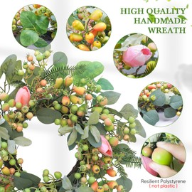 Spring Summer Wreath for Front Door 20 Inch Tulip Wreaths with Purely Handmade Tulips, Eucalyptus Leaves, Big Specialty Berries Home Outdoor Wall Festival Farmhouse Holiday Decor Year Round