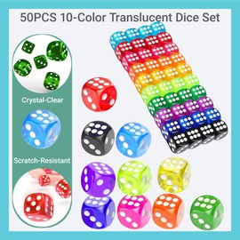 50PCS Classic Gaming Dice Set(14mm) for Board Games and Tabletop Games, 6 Sided Dice Set - 10 Translucent Colors for Math Teaching & DIY Crafts