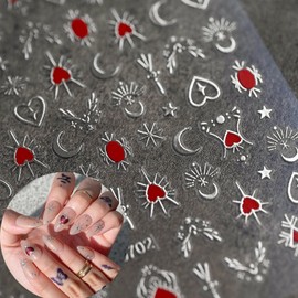 Designer Nail Stickers Decal,8pcs Metallic Gold Silver Sun Star Moon Nail Art Stickers 3D Bronzing Laser Red Lover Nail Designs, Red Heart Sparkling Self-Adhesive Slider DIY Manicure Decor for Women