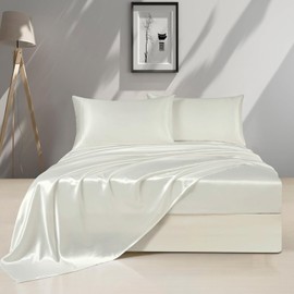 Silk Satin Bed Sheets Set - Satin Sheets Queen Size - 4 Piece Luxury Sliky Soft Bed Sheets - Queen Satin Sheet Set with Deep Pocket - 1 Fitted Sheet, 1 Flat Sheet and 2 Pillowcase - Silver