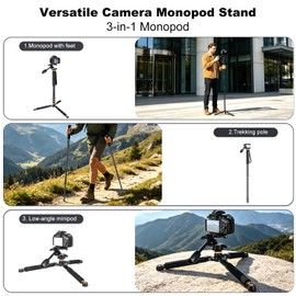 Koolehaoda 71.6” Camera Monopod with 3-Way Pan Tilt Head & Removable Base