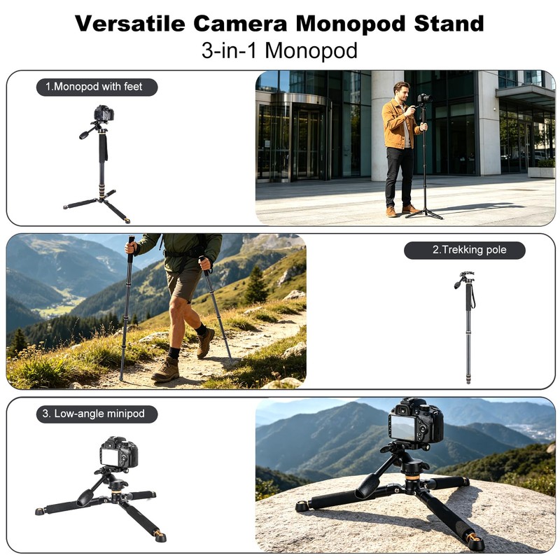 Koolehaoda 71.6” Camera Monopod with 3-Way Pan Tilt Head &