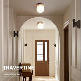 WOSBO Yellow Travertine Ceiling Light, 5.9" Modern Semi Flush Mount Ceiling Lights with White Lampshade and Yellow Travertine Stone Base, Wabi Sabi Light Fixture for Bedroom Living Room Kitchen Island