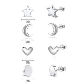 HinDaLi 4 Pairs Silver Stud Earrings Women's Earrings Silver 925 for Women Girls Stud Star Earrings Studs Small Stud Earrings Heart Earrings Women's Silver Round Stud Earrings Moon Earrings Made of
