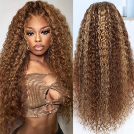 Hidden Strap 360 Deep Wave Lace Front Wigs Human Hair 220% Density Honey Blonde Curly Human Hair wig Ombre Water Wave 4/27 Highlight Lace Front Wigs Pre Plucked Wet And Wavy Wig for Women 24 Inch