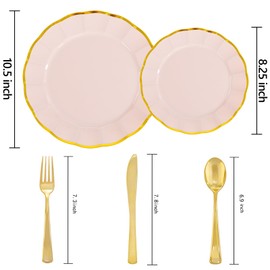 EI 150pcs Pink Plastic Plates with Gold Plastic Silverware,Pink Party Plates,Heavy Duty Plate Disposable,Gold Dinnerware Set for Birthday, Afternoon Tea,Wedding