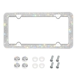 Otostar Bling License Plate Frame, Handcrafted 4 Rows Shiny Rhinestones Stainless Steel 4 Holes License Plate Frame with Anti-Theft Screws Caps Set (Silver, 1 Pack)