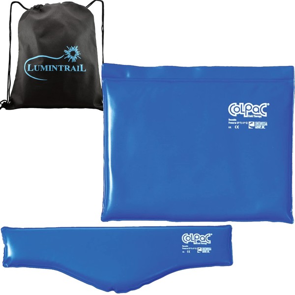 Chattanooga ColPac, Reusable Gel Ice Pack for Cold Therapy, Standard Size and Neck Contour 2 Pack Bundle, Blue Vinyl, with a Lumintrail Drawstring Bag