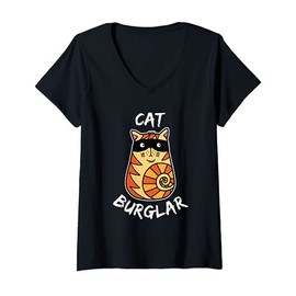 Womens Funny Orange Tabby Cat Wearing A Mask Cat Burglar V-Neck T-Shirt