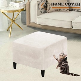 HOMECOVER Copri Pouf Quadrato, Elasticizzato Copri Poggiapiedi Velluto Copertura Dell'Ottomano Rimovibile Antiscivolo Copri Ottomano Con Fondo elastico-bianco crema-Quadrato