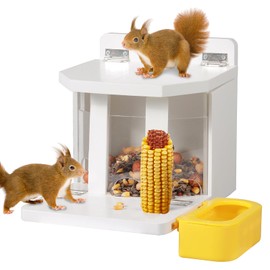 MIXXIDEA Wooden Squirrel Feeder with Water Bowl, Large Capacity Squirrels Feeders for Outside, Sturdy Construction, No Assembly Lovely Chipmunk Feeder for Corn, Peanuts, Nuts, Chestnuts (White-1pk)