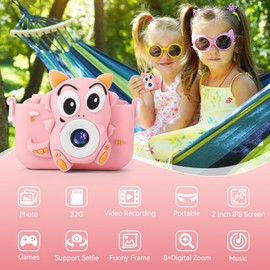 FIVAVA Children's Camera, Children's Camera 1080P 2.0 Inch Screen Camera Children with 32 GB Card, Selfie Digital Camera Children's Camera Children for Children's Toys from 3 Years Pink Dinosaur