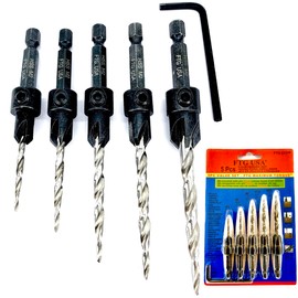 FTG USA Countersink Tapered Drill Bit Set 5 Pc #4, 6, 8, 10, 12, Secured with Pin to 1/4" Hex Shank, 1 Allen Wrench for Woodworking