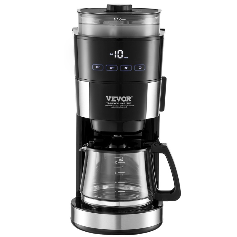 VEVOR Coffee Maker with Grinder, 10 Cup Coffee Machine, Grind