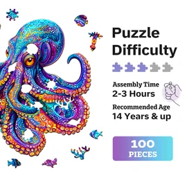 Jigfoxy Wooden Puzzles for Adults, Octopus Wooden Puzzle for Adults, Unique Animal-Shaped Wooden Jigsaw Puzzles, Christmas Thanksgiving Gifts for Family and Friends (S-8.5 * 8.4in-100pcs)