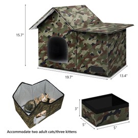 Cat Houses for Outdoor Cats-Large Weatherproof Cat Bed for Indoor Cats,Collapsible Warm Feral Cat Shelter with Removable Soft Mat and Bowl for Winter (Camo, Large)
