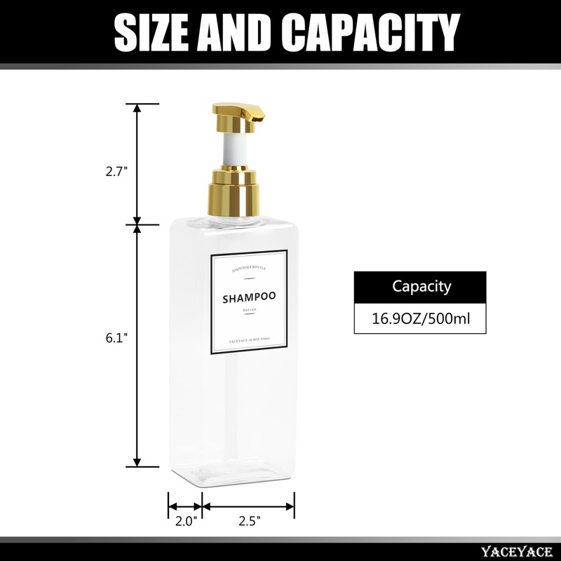 Shampoo Dispenser Bottles with Gold Pump, YACEYACE 16.9oz Set of