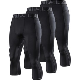 LAFROI Men's 3-Pack Compression Fit 3/4 Tights Leggings with Pcoket/Non-Pocket-YSK10 Pocket Black Size M