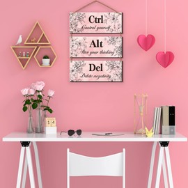 3 Pieces Pink Wall Decor for Girl Room Wall Decor Floral Wooden Wall Hanging Wall Art Inspirational Office Wall Decor with Positive Quotes Ctrl Alt Del Wall Sign for Girl Women Bedroom Bathroom(Pink)