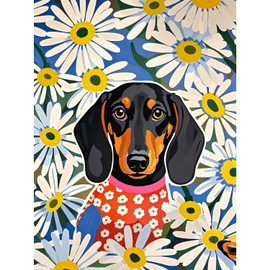 Dachshund 5D Diamond Painting Kit for Adults - Dachshund in Daisy Field Full Drill DIY Round Diamond Art Kit Suitable for Beginners and Home Wall Decoration 12×16 inch
