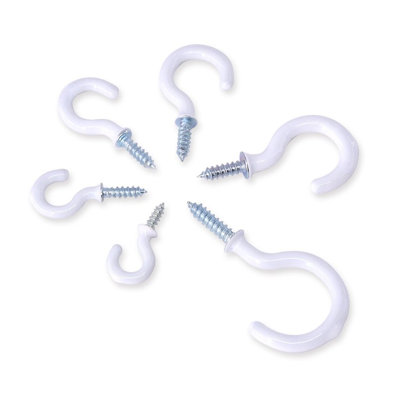Swpeet 100Pcs White 6 Sizes Cup Hooks Assortment Kit, Vinyl