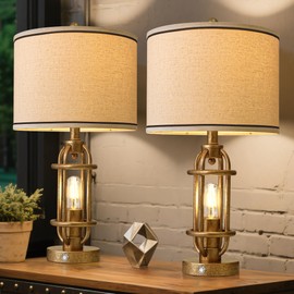G-SAFAVA 23.75'' Table Lamps Set of 2 for Living Room Bedroom Industrial Farmhouse Metal Touch Lamps with USB A+C Ports, Night Light Vintage Nightstand Bedside Lamp, Bulbs Included, Champagne Gold