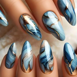 QQPPOLIU Press on Nail Medium Almond Blue False Nails with Line Design Glitter Full Cover Glue on Nails 24pcs