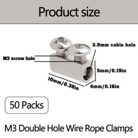 WADY 50 Packs M3 Double Hole Wire Rope Clamps, 10x5mm Steel Cable Clips with Screw Caps, Fits 3.0mm Rope, Silver Zinc Plated for Marine, Rigging & DIY Projects