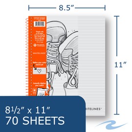 Roaring Spring Whitelines Premium Line Ruled Spiral Notebook, Digitally Download Your Notes, FREE App, 11" x 8.5" 70 Sheets