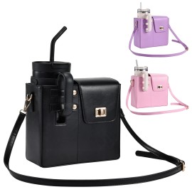 Durable Leather Crossbody Purse Water Bottle Cup Organizer Holder Bag Universal Water Cup Carrier Storage Bag for Women Girlscolor: Black