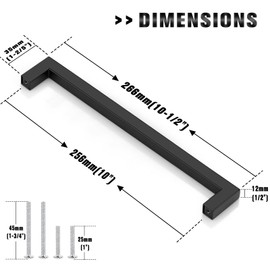 Probrico 256mm Black Cabinet Pulls Cabinet Handles Stainless Steel Drawer Pulls Cupboard Square Bar Handles Wardrobe Knobs 5 Pack
