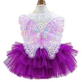 ANIAC - Vestido de mariposa para perro con tutú morado divertido ropa para perro con ala para niña, disfraz de mariposa para perro pequeño, disfraz de gato para Halloween, cumpleaños, boda (morado,
