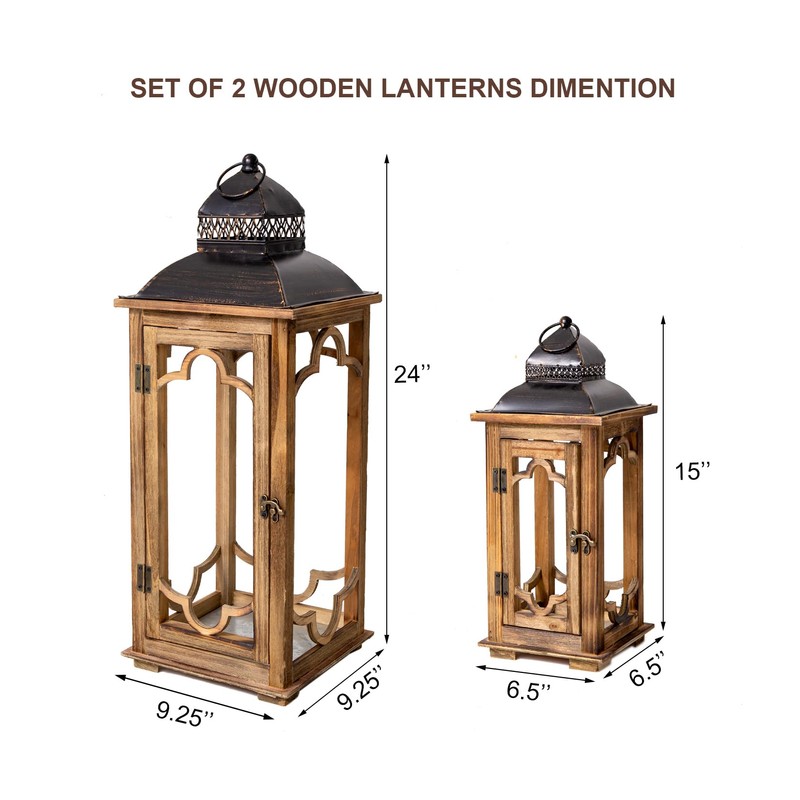 Large Farmhouse Decorative Wooden Lantern Set of 2, Rustic Brown