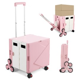 76L Folding Utility Cart Portable Rolling Crate Handcart Shopping Collapsible Tool Box with Stair Climbing Wheels,Hidden Lid,2 Rotate Wheels,for Grocery,Shopping,Office,Storage(Pink-White)