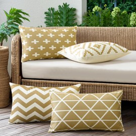 JOTOM Set of 4 Waterproof Cushion Covers 40x60 cm Outdoor Throw Pillow Covers 16x24 Inch Modern Geometric Decorative Pillow Cases for Patio Garden Porch Bench Sofa Indoor Bed (Khaki)