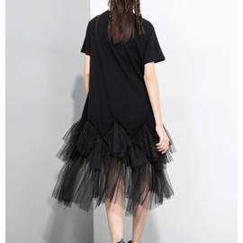 ellazhu Women's Casual Short Sleeve Crew Neck Tutu Tulle Dress with an Oversized Fit GY2266 Black L