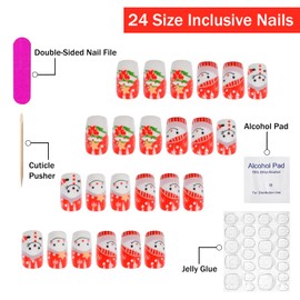 Christmas Press on Nails Medium Square SWEKKE Winter Fake Nails Red & White False Nails with Designs Christmas Tree Snowman Glossy Glue on Nails Xmas Acrylic Nails for Women Girls 24 Pcs